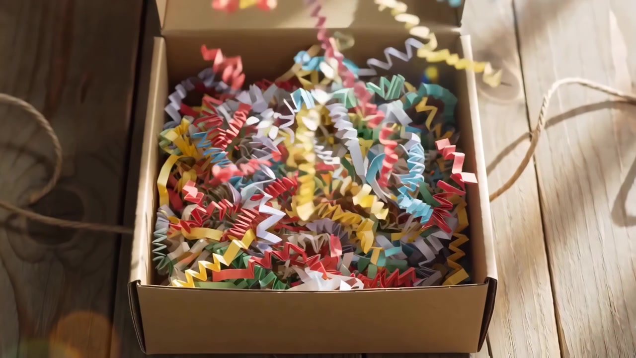 Une scène calme et festive de déballage et d'emballage d'un cadeau sur une surface en bois avec une lumière naturelle. La perspective en plongée met en évidence le processus de décoration d'un cadeau avec de la ficelle et des confettis