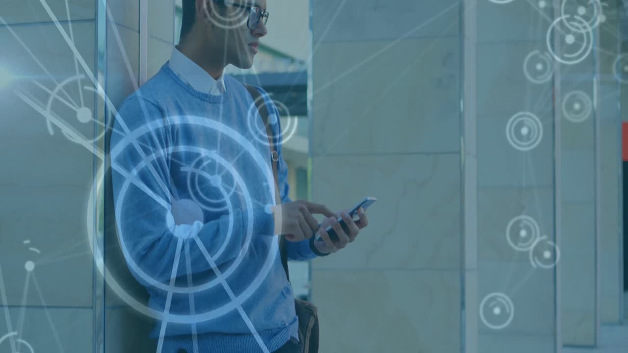 Animation of data processing, scope scanning over man using smartphone