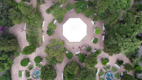 Drone-footage-with-a-cenital-view-moving-over-Rafael-Paez-garden-in-Jerez,-Zacatecas,-capturing-the-depth-and-height-of-the-trees