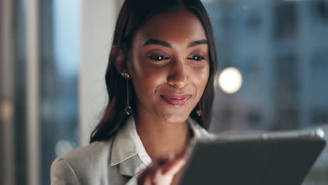office tablet, night and face of happy woman