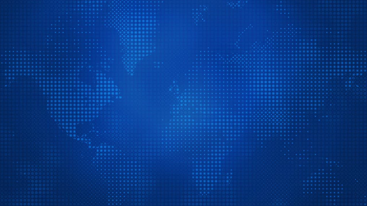 Loopable glowing blue world map with digital dots and halftone grid, - modern, stylized representation of global connectivity and international communication in a futuristic virtual design