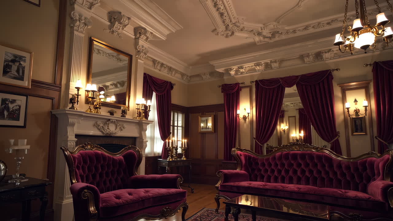 Luxurious Victorian Living Room with Red Velvet Furniture and Classic Decor