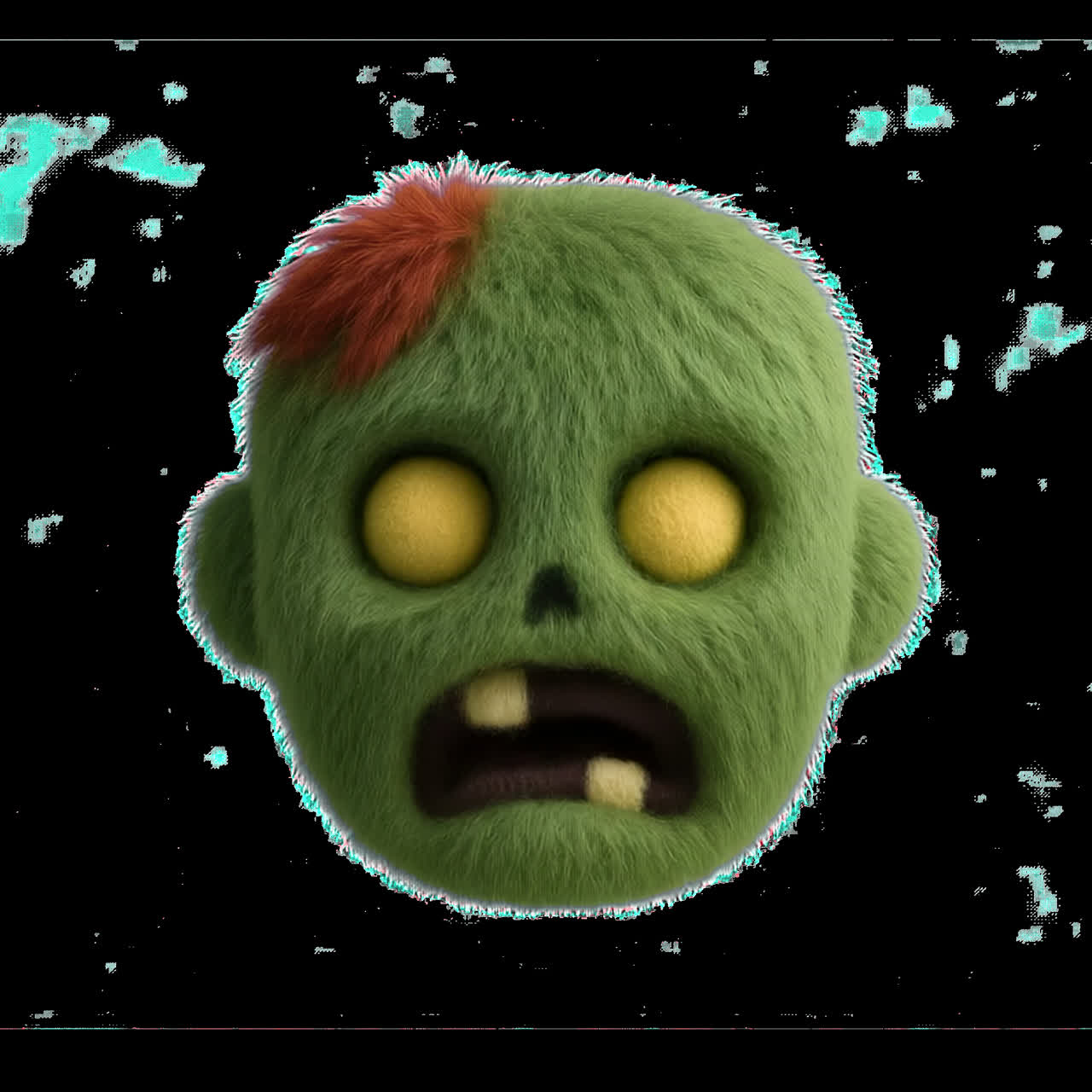 Fuzzy green zombie head emoji animation isolated asset, transparent 4K video, alpha channel, ProRes