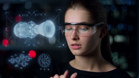 engine hologram inspection woman analysing holographic image in digital glasses