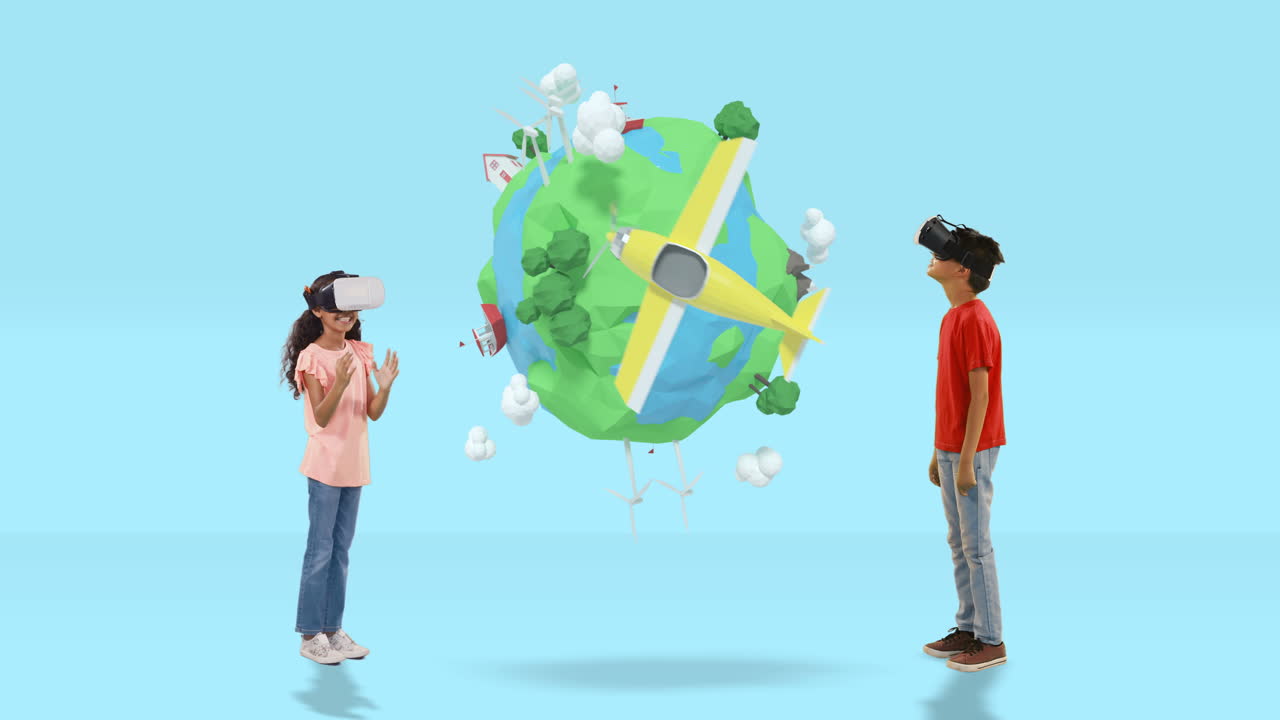 소년과 소녀는 디지털로 생성된 여행 아이콘 4k와 함께 가상 현실 헤드 ⁇ 을 사용합니다.