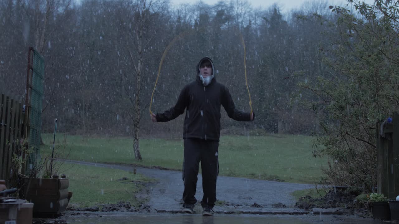 겨울 폭설에 야외에서 유산소 운동 건너 뛰기