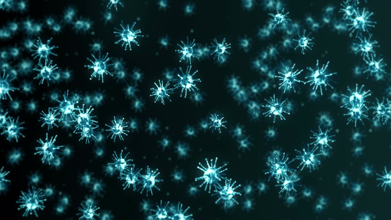 Flying many virus cells on black background. Medical concept, Microscopic illustration. 3D animation of virus molecule rotating. Loop animation.