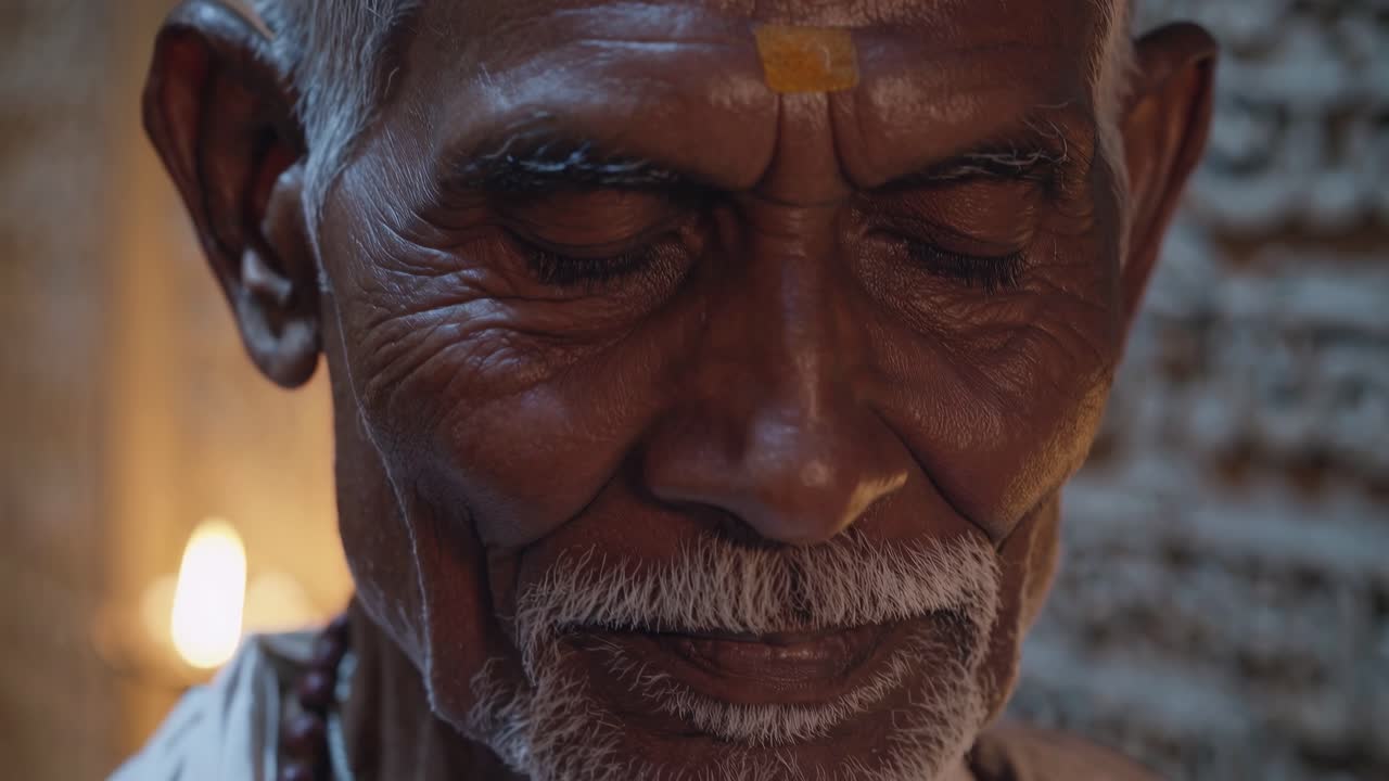 Elderly man with serene expression is meditating in softly lit space, surrounded by intricate carvings, capturing the essence of tranquility and mindfulness