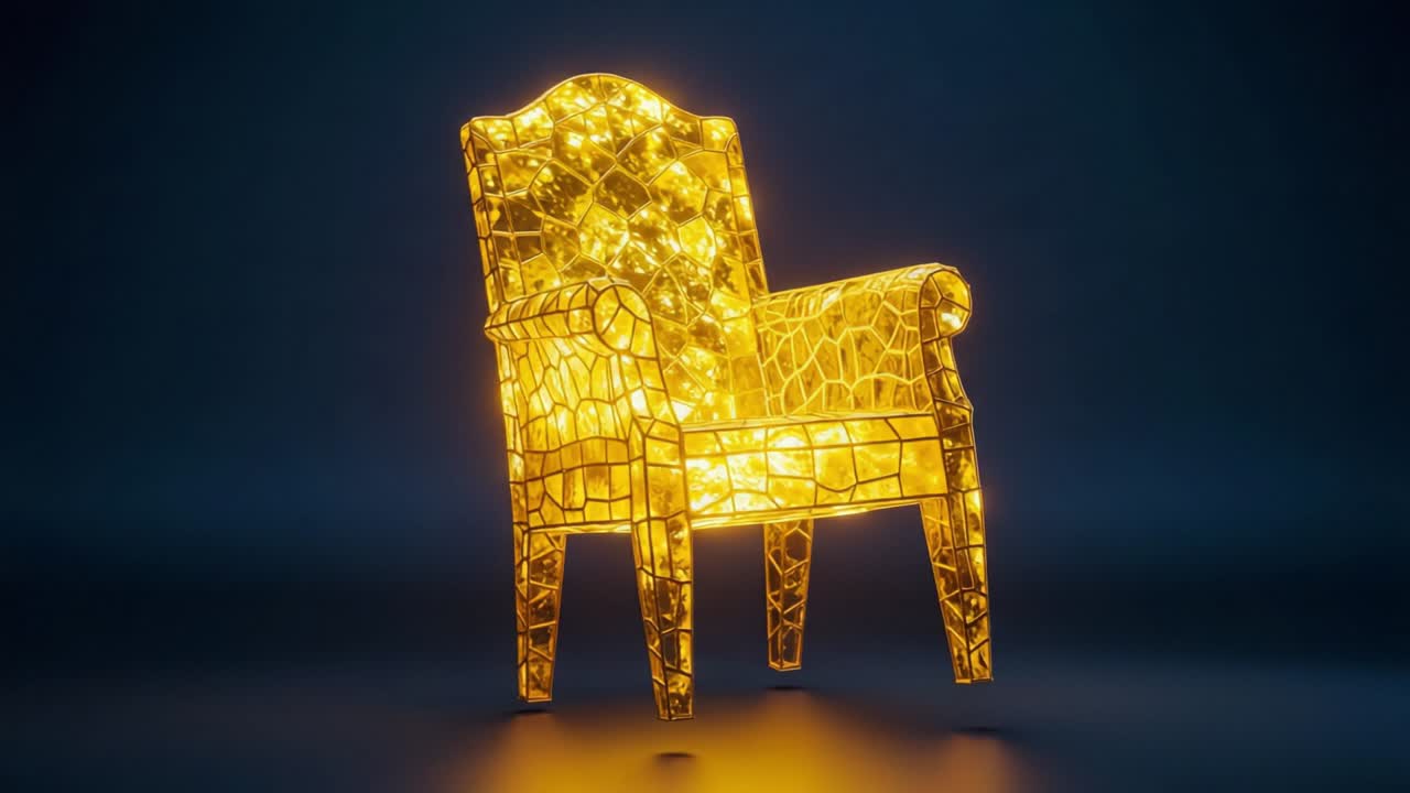 A Stunning Golden Mosaic Chair Illuminates the Dark Background with its Radiant Brilliance, Highlighting the Artistry and Elegance of Modern Design in Lighting