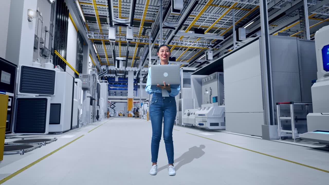 mujer ingeniera usando una computadora portátil en una fábrica moderna