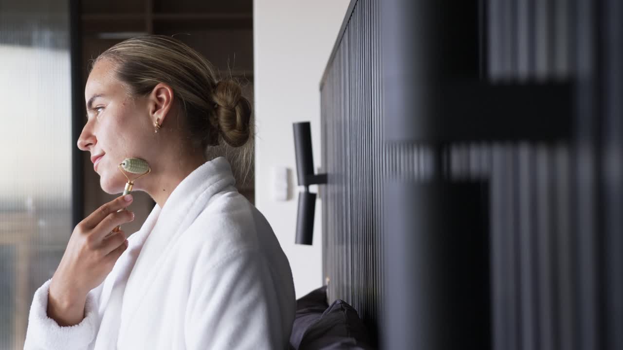 Female in bathrobe on bed placing stone roller at cheek, rolling jawline down to boost circulation