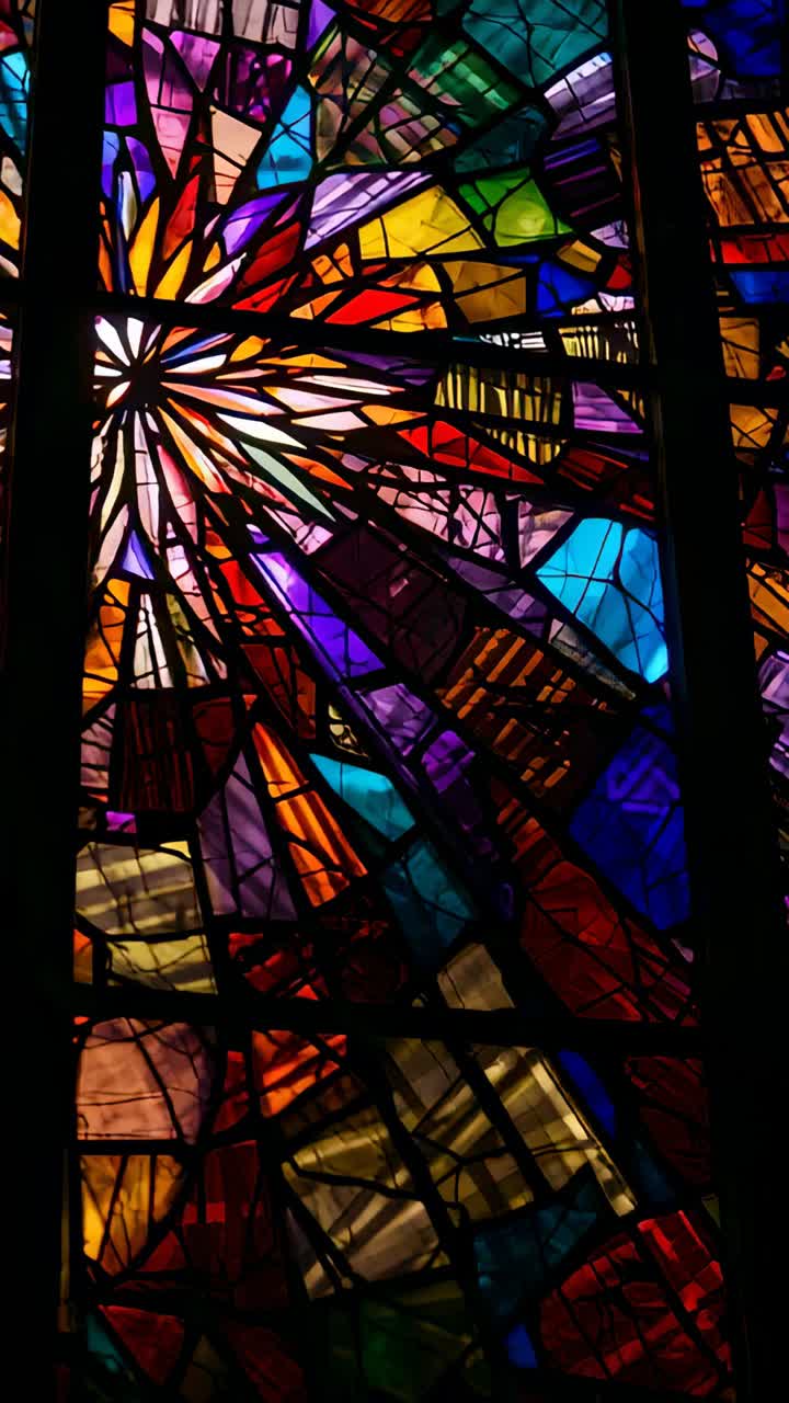 Vertical video: Tilting camera showing stained glass panel in church from left, revealing starburst