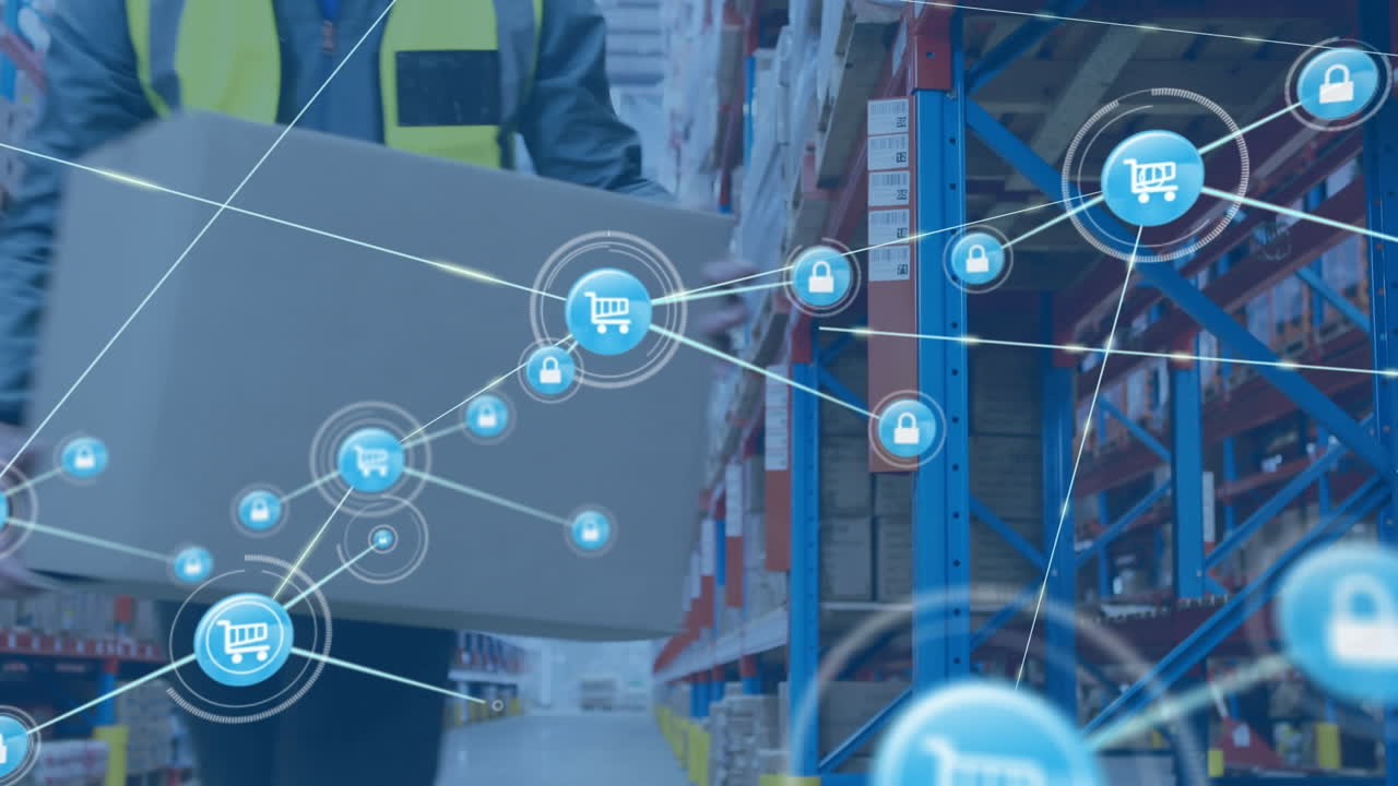 animación de la red de conexiones con iconos sobre el hombre que trabaja en el almacén