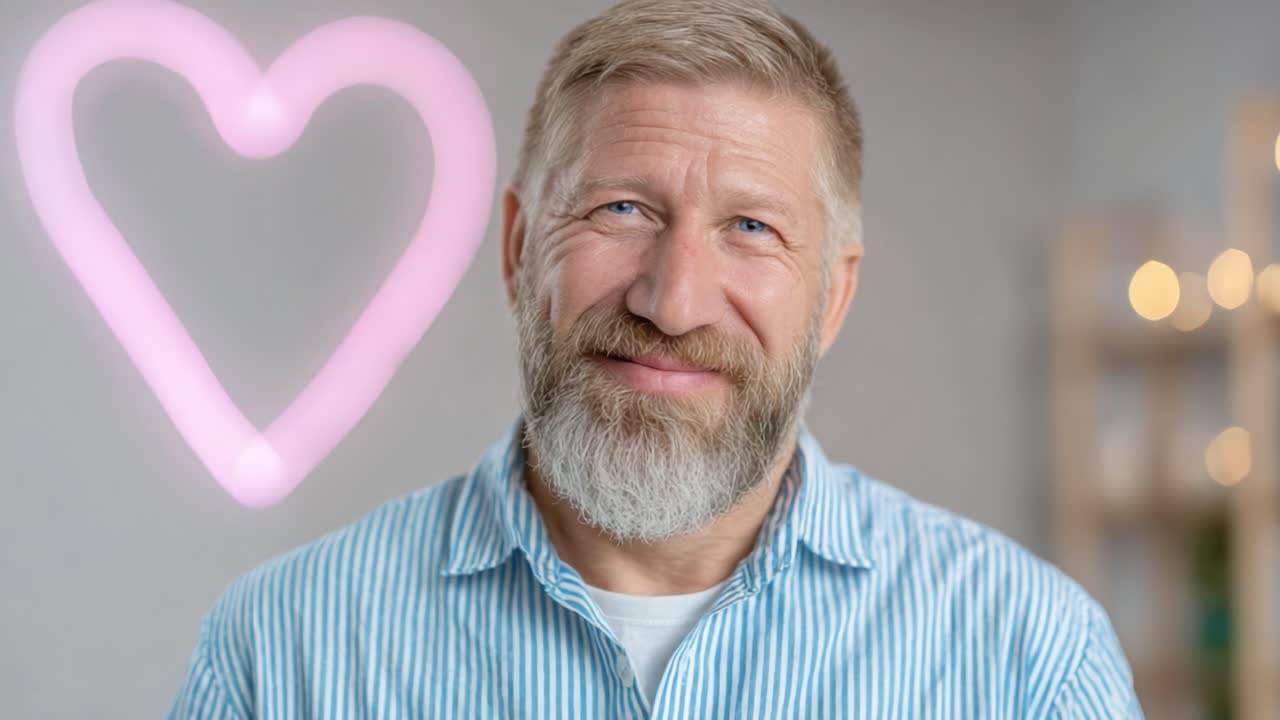 A Joyful Moment Captured: Heartfelt Expressions of a Mature Man Radiating Kindness and Wisdom Against a Soft, Dreamy Background