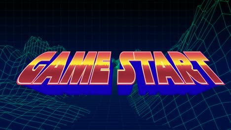 animación del texto de inicio del juego en letras rojas y azules sobre el fondo del metaverso