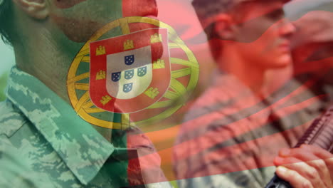 animation of flag of portugal over diverse male soldiers