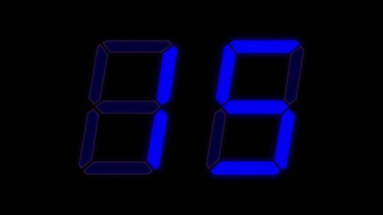 Blue digital clockface with 2 digits. 30 seconds digital timer. Blue digits on black. Retro digital alarm clock animation element, glowing digital clock on keyable background