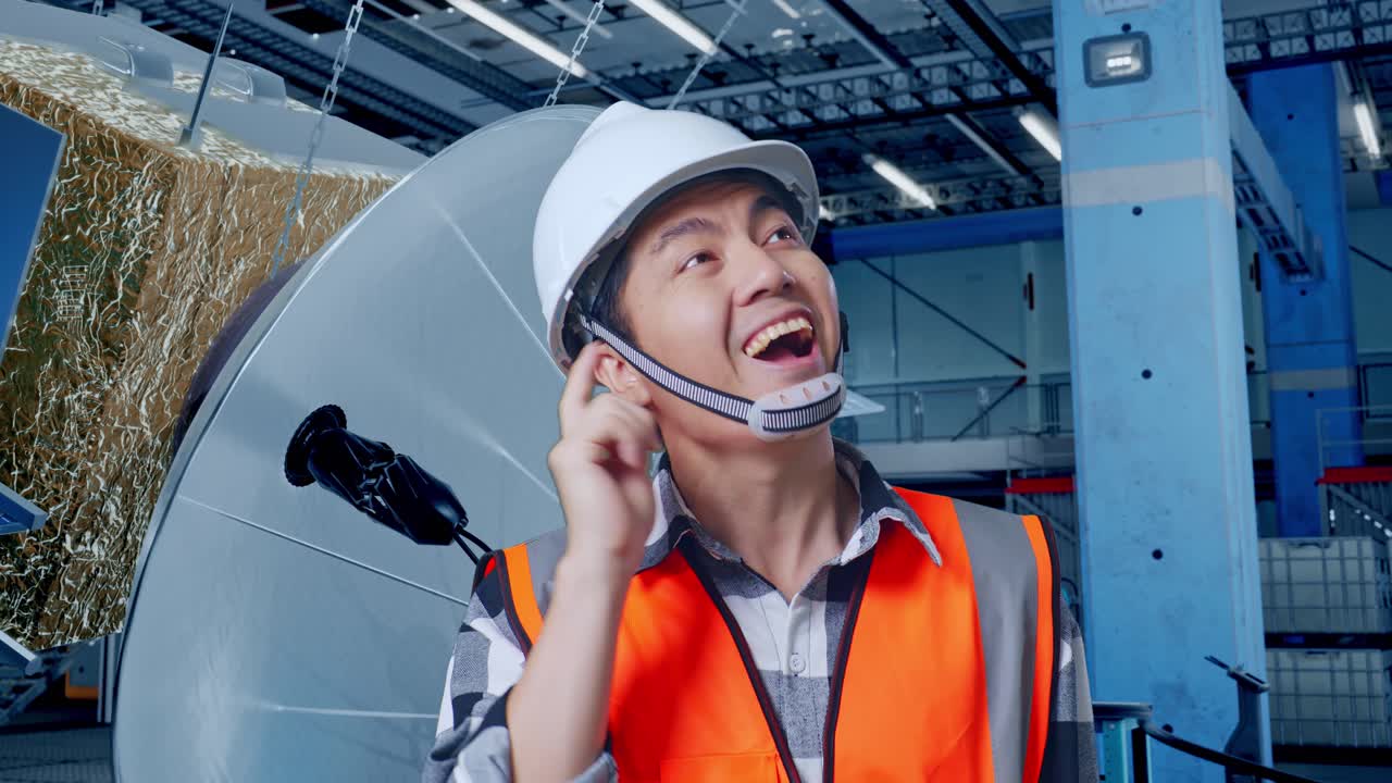 공장에서 위성 접시를 만드는 엔지니어