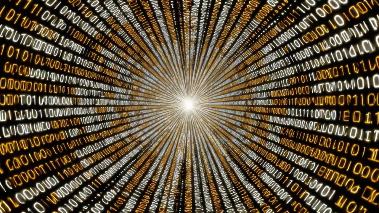 A Stunning Visual Representation of Binary Code Expanding Towards a Bright Core, Symbolizing Technology and the Digital Age Exploring the Depth of Data and Information Flow