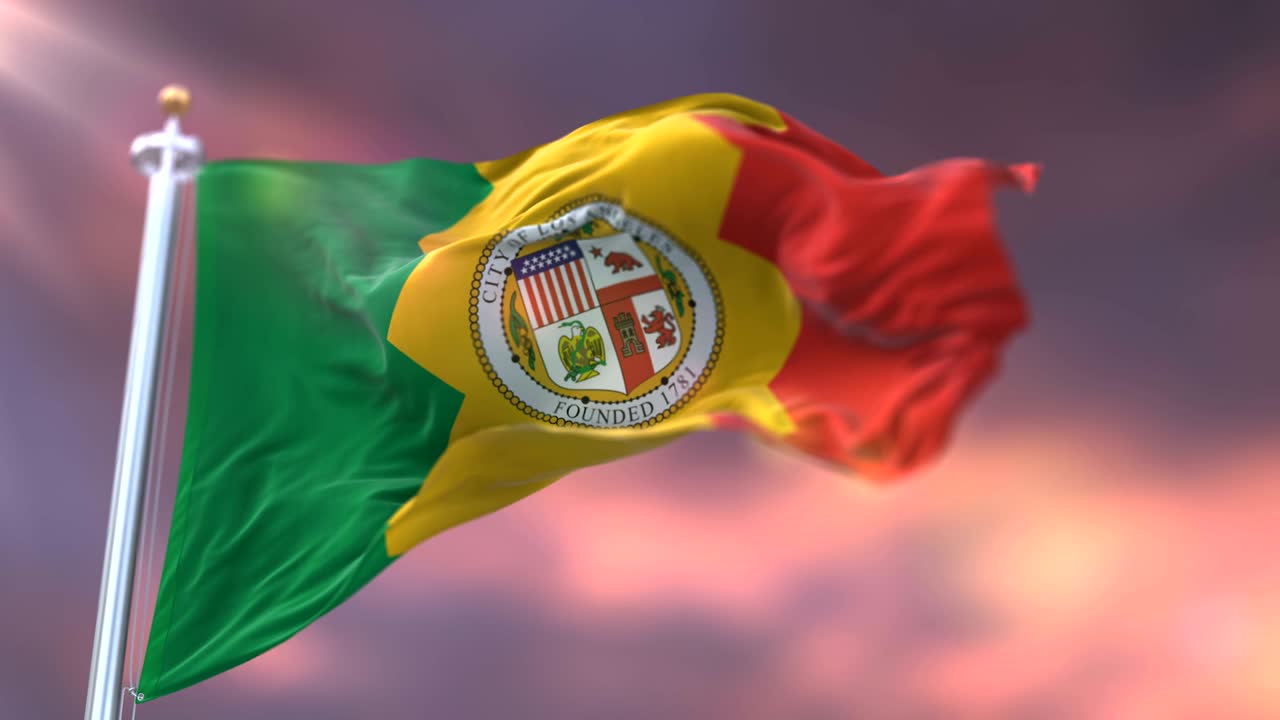 bandera de la ciudad de los ángeles al atardecer, ciudad de los estados unidos de américa - bucle