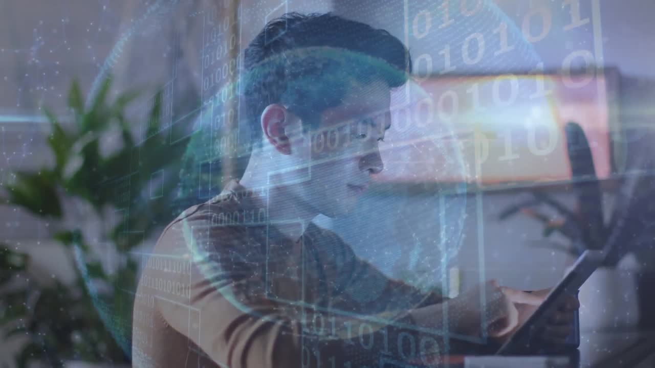 animación de codificación binaria y red de conexiones sobre el hombre usando tableta