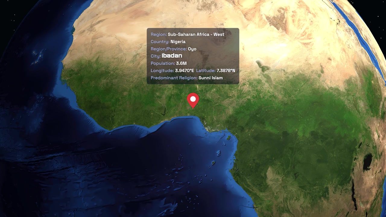 A 3D globe rotates and zooms into West Africa, displaying Ibadan city demographic information