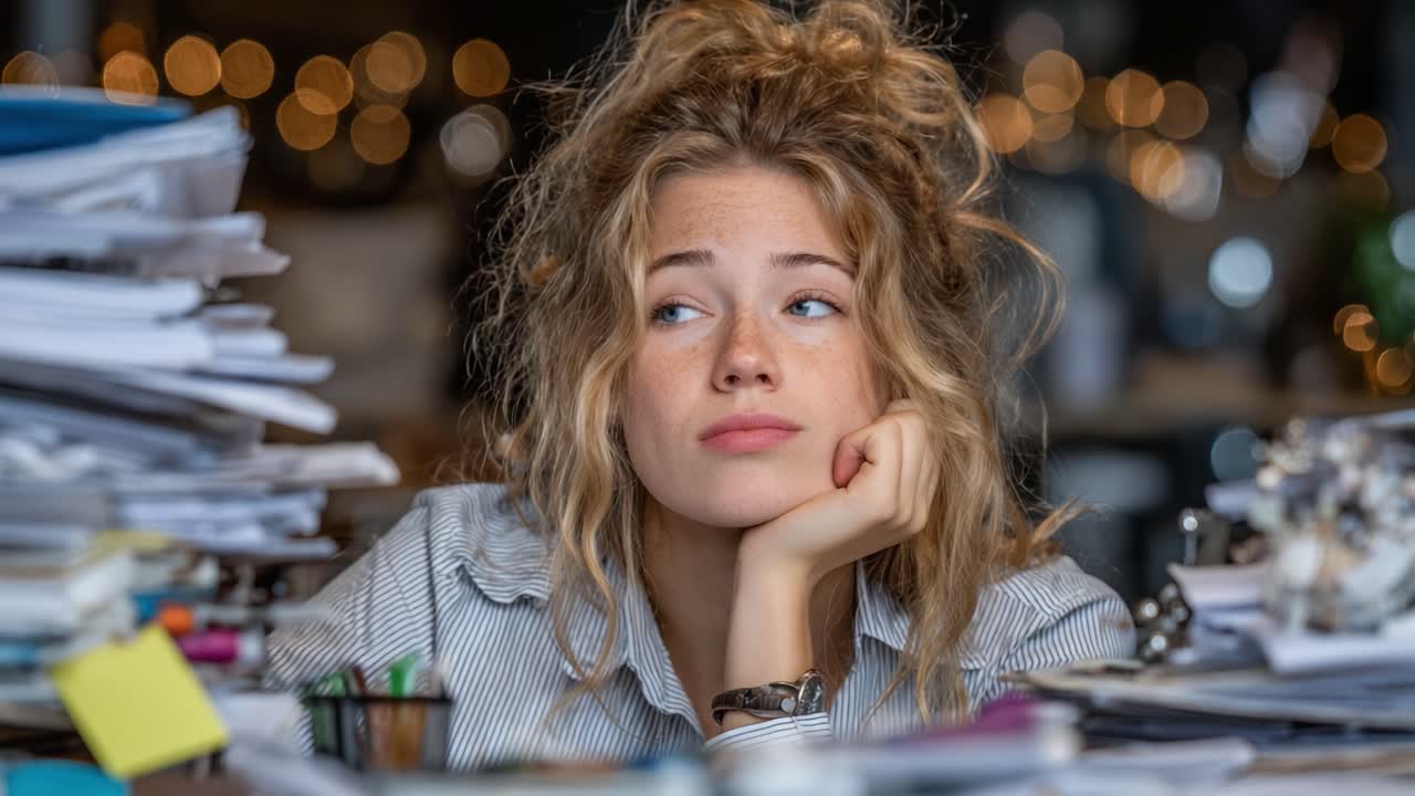 A Young Woman's Expression of Frustration Amidst a Pile of Unfinished Work and Distractions in a Busy Office Environment, Capturing the Struggles of Daily Productivity