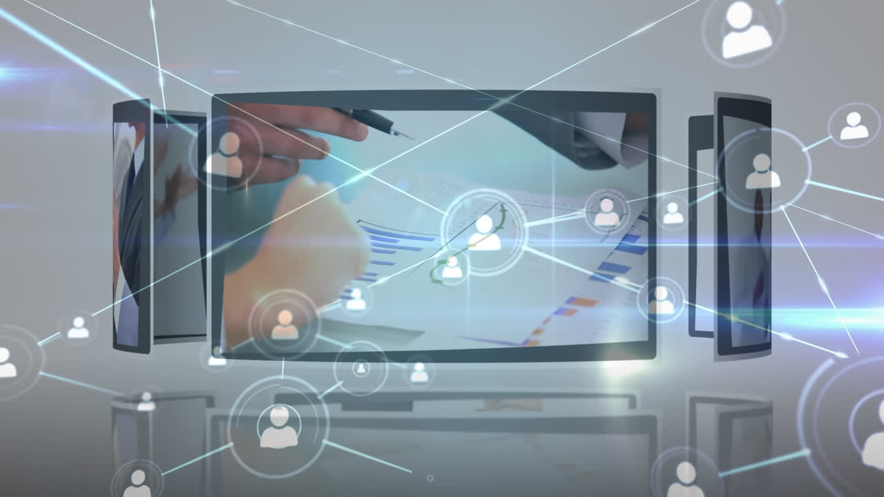 사업가들과 함께 여러 데스크을 통해 선으로 연결된 아이콘의 애니메이션