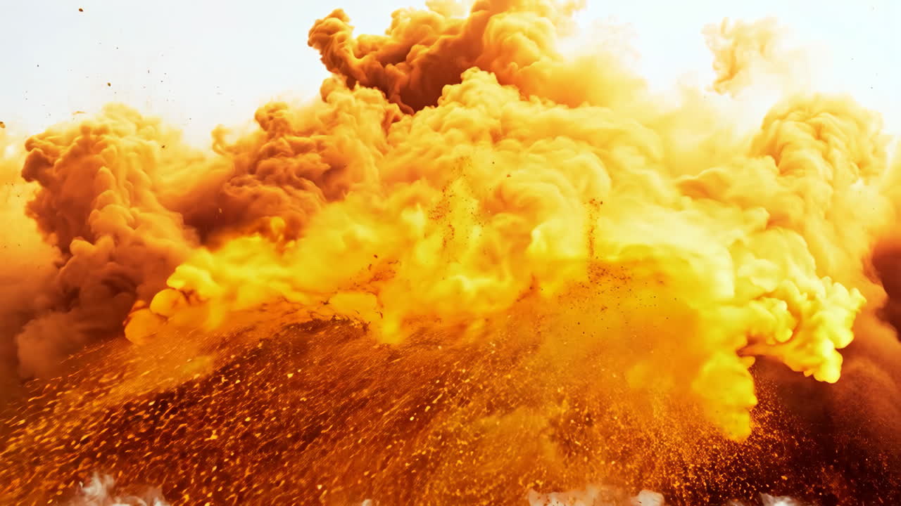 A cloud of orange smoke is billowing out of a fire. The smoke is thick and hazy, creating a sense of chaos and destruction. The orange color of the smoke is striking and intense