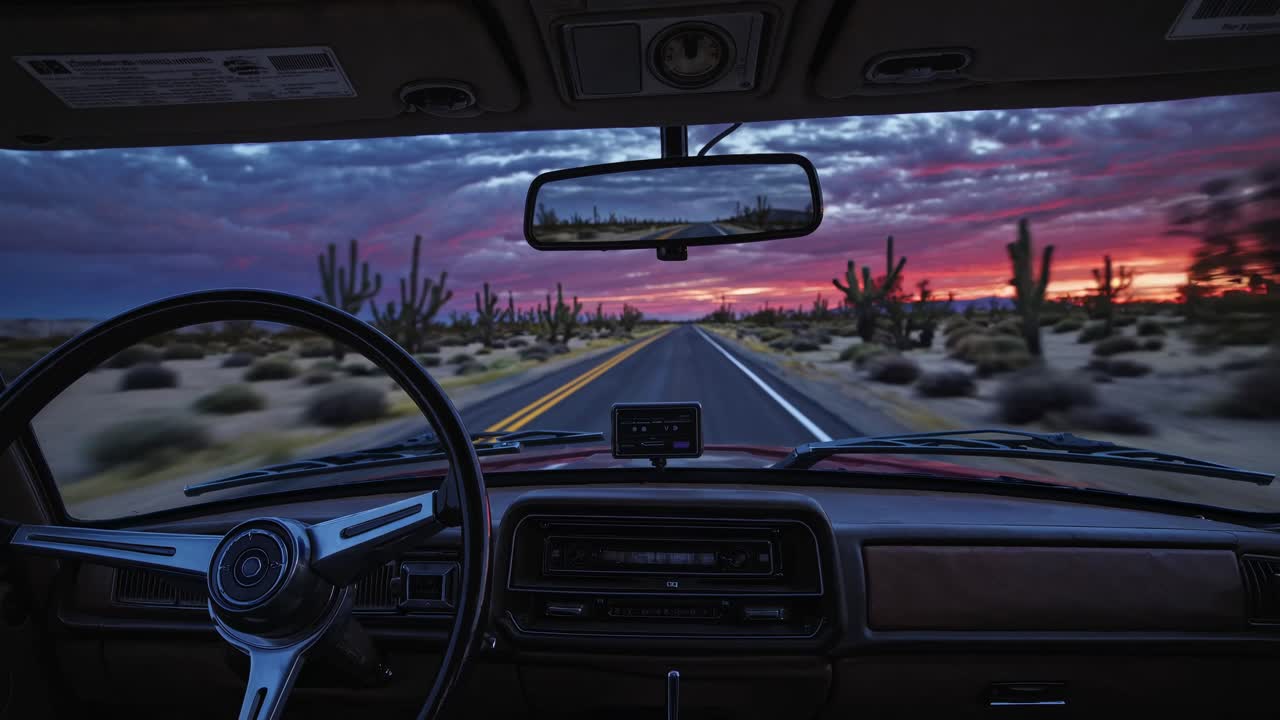 POV video style from a car dashboard, capturing a scenic desert road at sunset