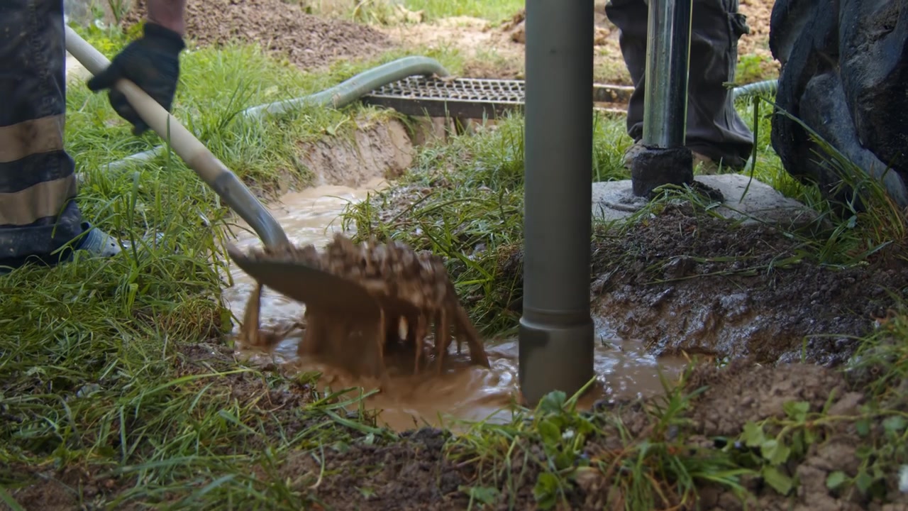 Operai perforano un pozzo d'acqua in un'area rurale durante le ore diurne
