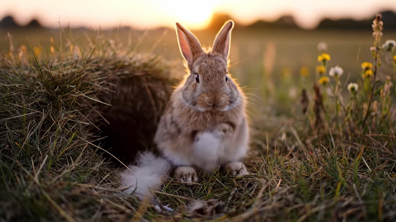 Rabbit in a grassy field at sunrise