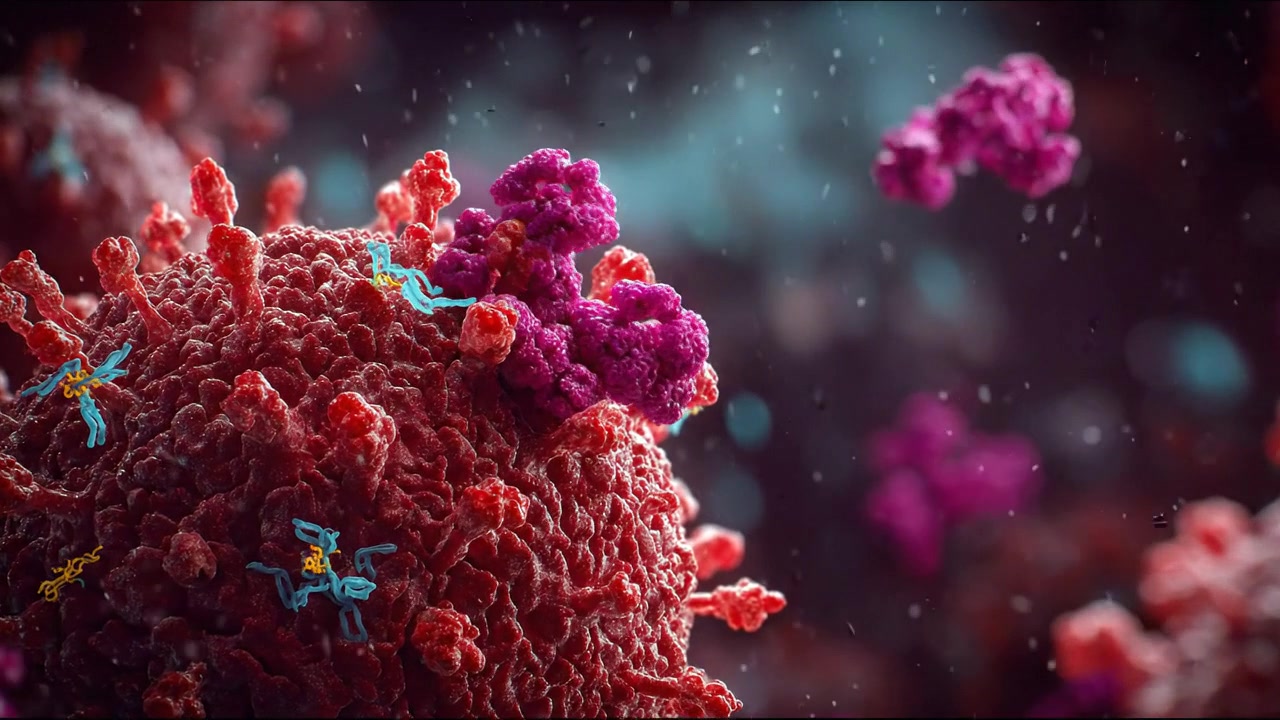 Rød viral partikel omgivet af mindre partikler i medicinsk visualisering