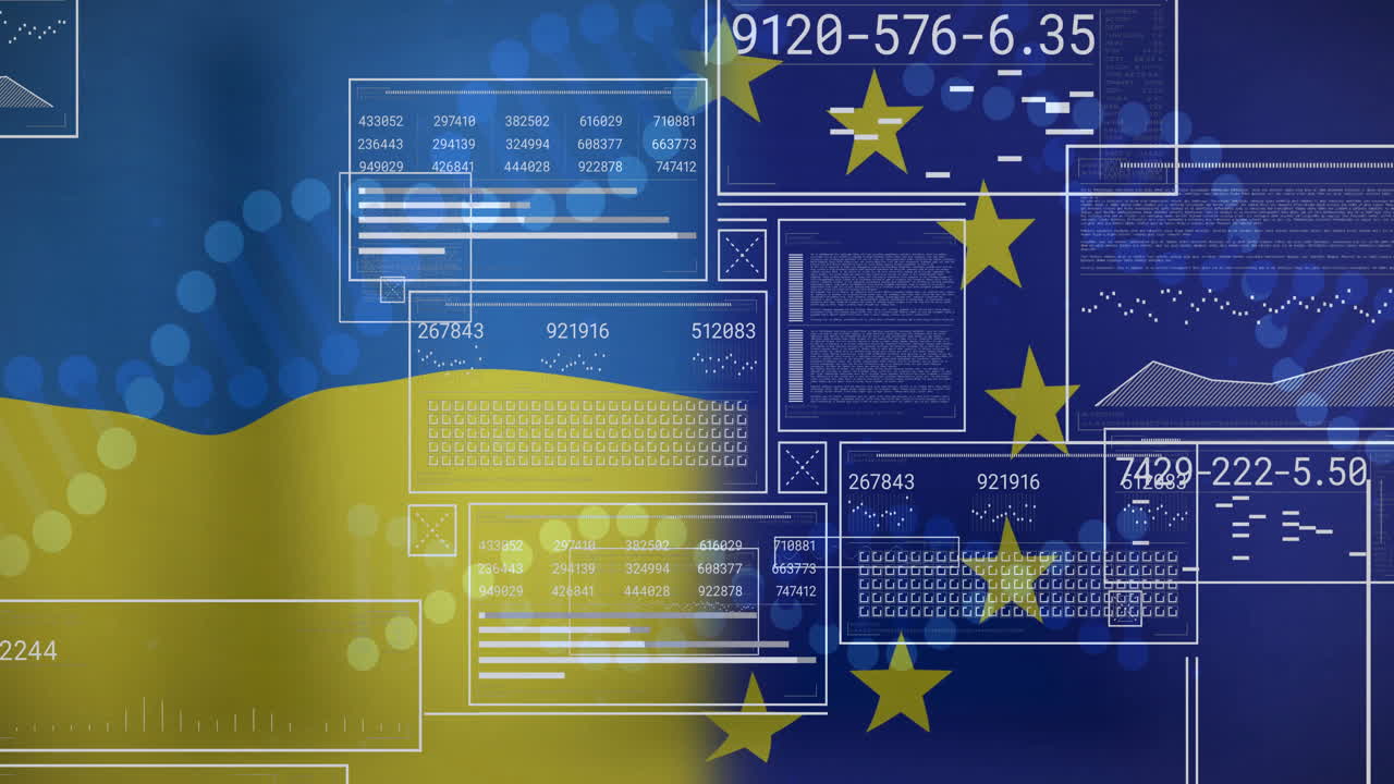 Animation of digital data overlaying Ukraine and EU flags with stars in school