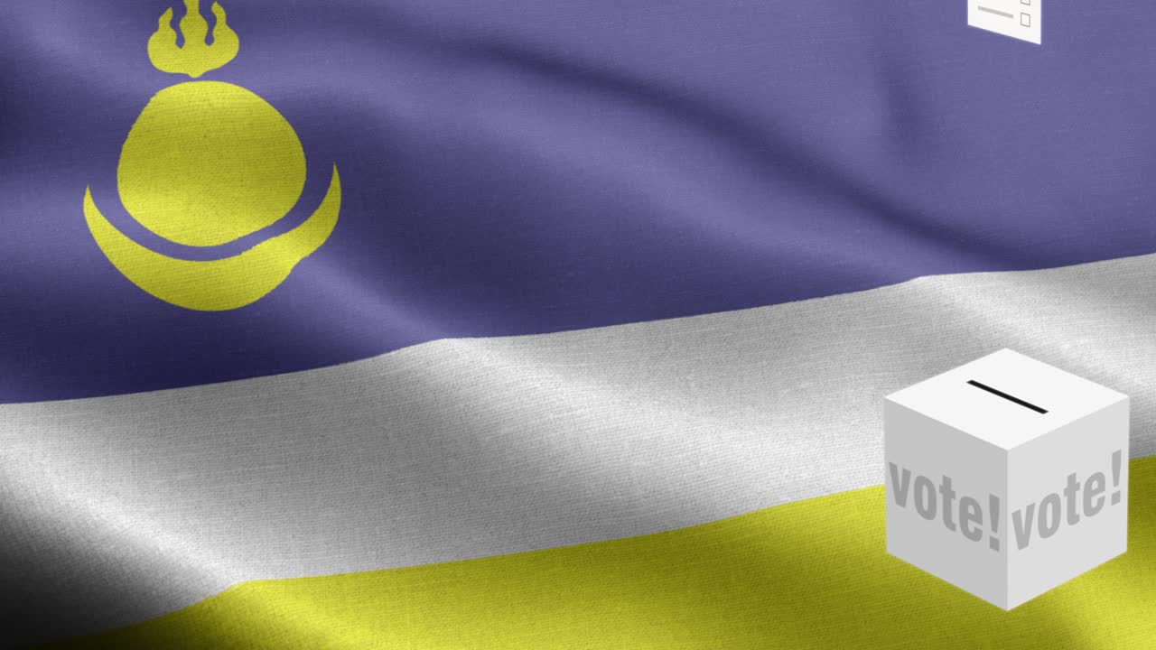 las papeletas de votación vuelan a la caja para la selección de buryatia - caja de votación frente a la bandera - elección - voto - bandera de buryatea - bandera buryatia de alto detalle - bandera nacional buryatia patrón de ondas elementos loopables - textura de tela y bucle sin fin - bandera vertical