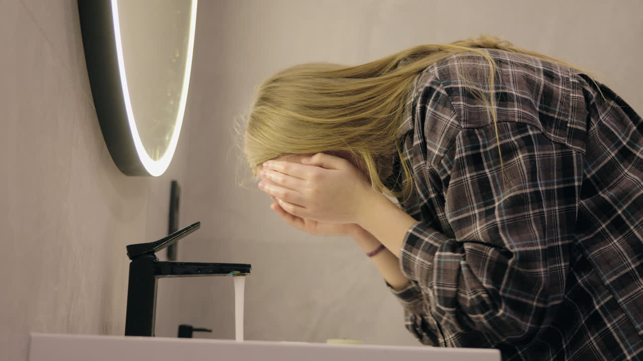 женщина моет лицо в ванной.