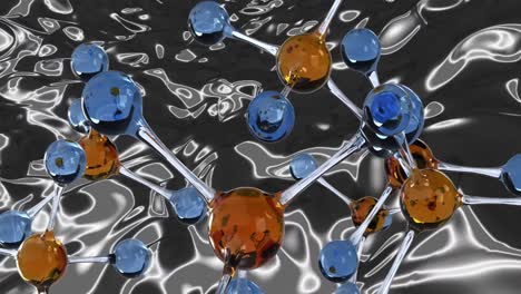 Animation-of-molecules-over-glowing,-liquid,-silver-background