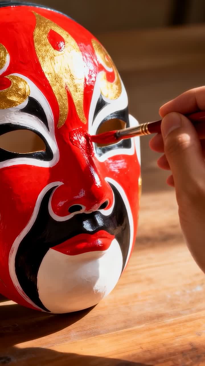 Vertical video: Brush touching mask's nose, artist's hand smoothing red paint to blend on tabletop