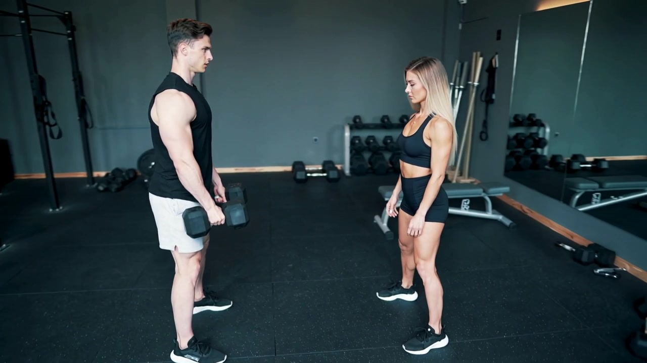 Allenatore che mostra l'hip hinge con manubri pesanti in palestra per la forma, con un partner che osserva in abbigliamento sportivo.