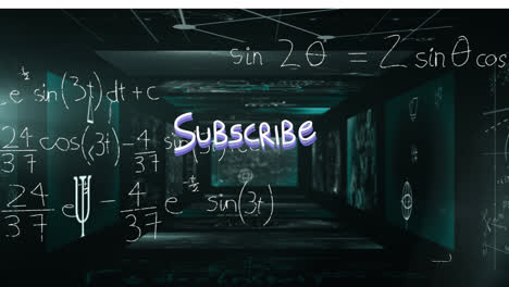 animación de suscripción sobre fondo negro con pantallas y fórmulas matemáticas