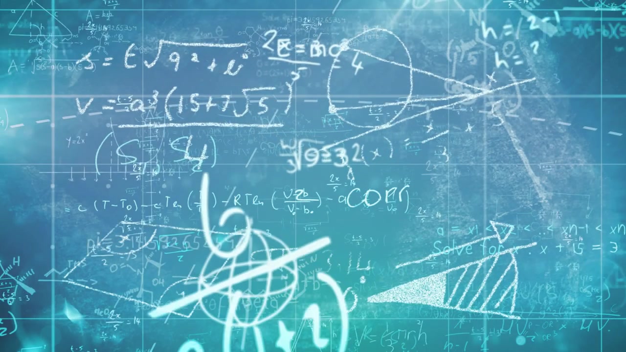 After grid appearing, digits gliding formulas fading shapes sketching to visualize math overlay