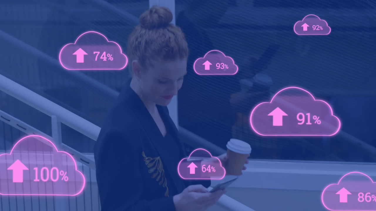 Animation of cloud icons with growing number over caucasian businesswoman using smartphone