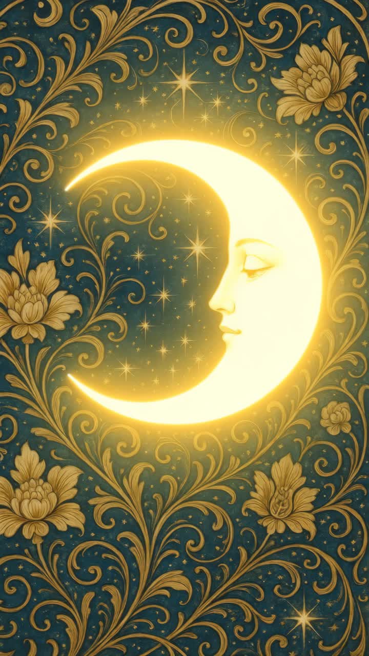 A vintage-style illustration of a crescent moon with a face video. Live mobile wallpaper
