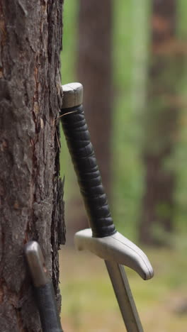 espadas en el bosque por árbol, armas medievales, escudero, vikingos