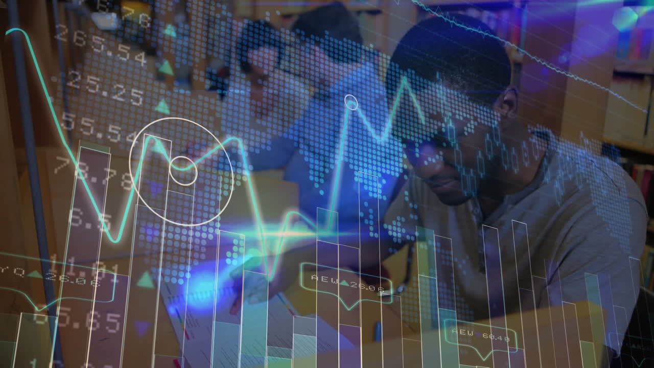 Animation of data processing with statistics over male student reading