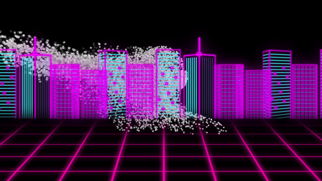 검은 바탕에 있는 도시 풍경 위의 디지털 인간 머리의 애니메이션