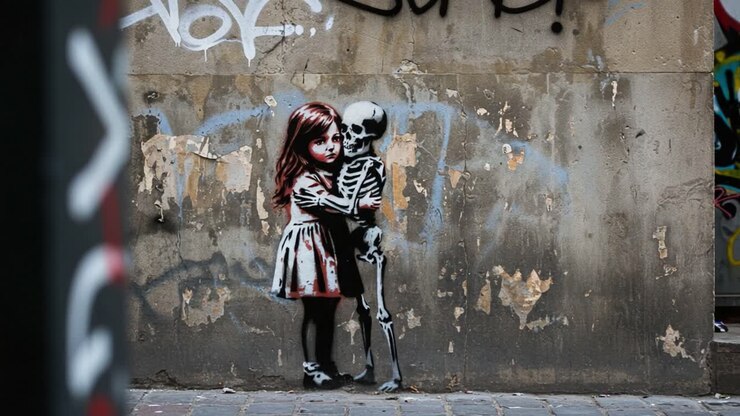 Un'accattivante opera di arte urbana raffigura una ragazza dai capelli rossi che abbraccia uno scheletro su un muro vibrante e materico, fondendo l'innocenza con un tema inquietante sulla mortalità.
