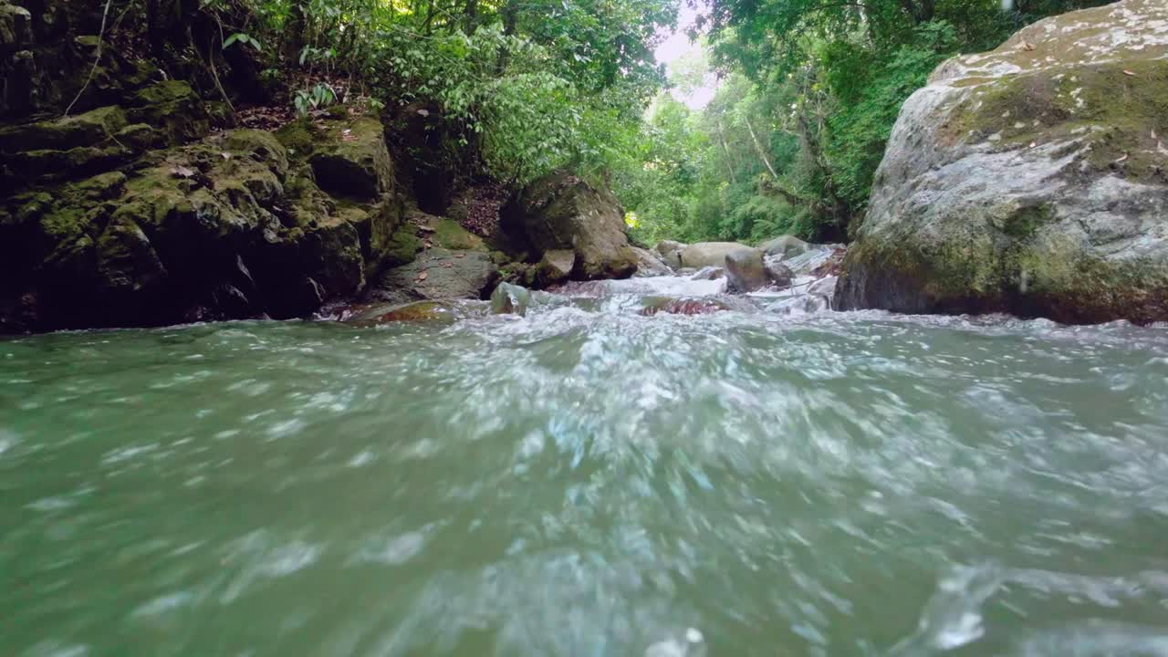 toma de ángulo bajo de una corriente de agua que fluye rápidamente en la selva tropical, salpicando en la lente de la cámara - cámara lenta