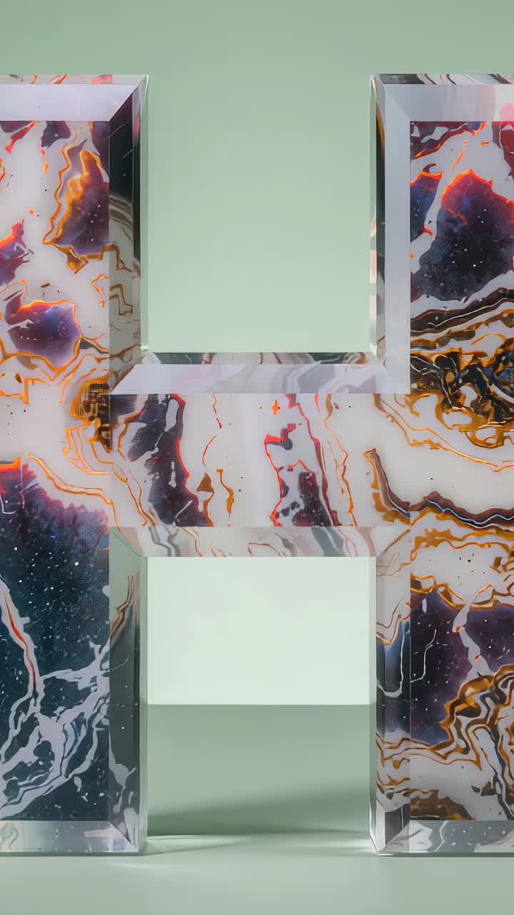 Vertical video: Shifting lighting highlighting 3D letter H on green surface, emphasizing depth