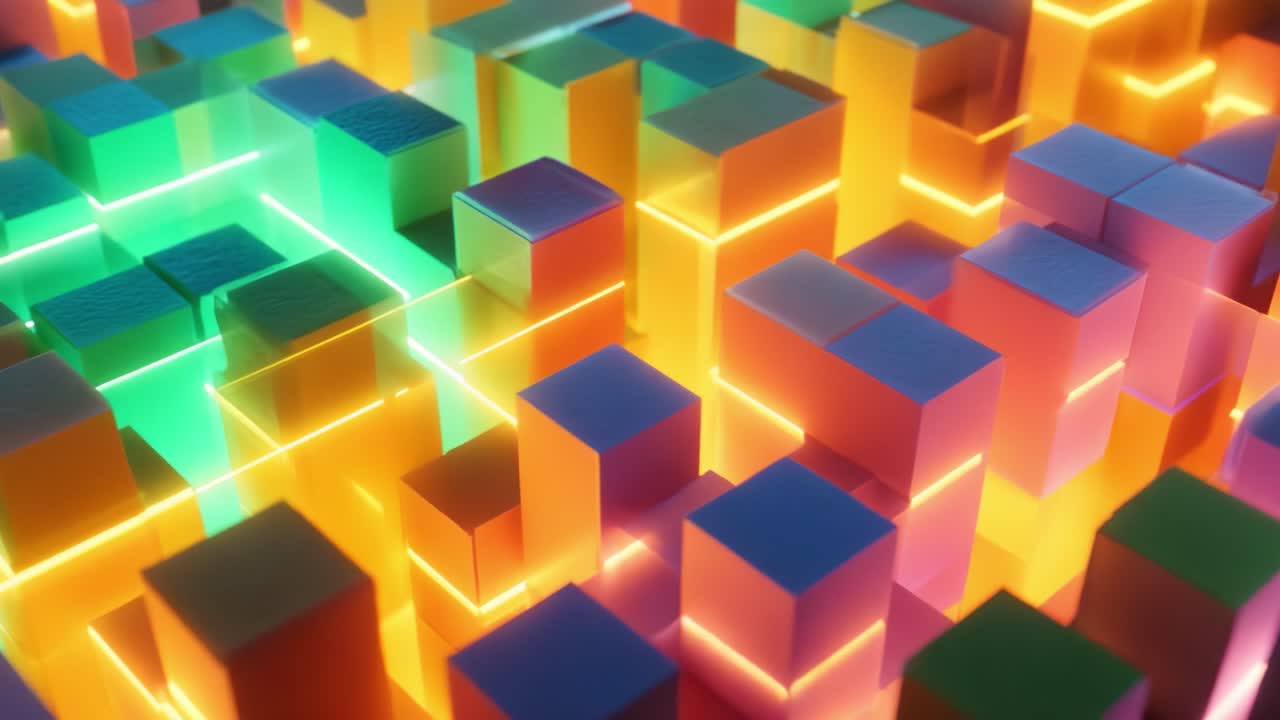 A mesmerizing display of vibrant blocks and illuminated cubes showcasing a dynamic interplay of colors and glowing edges, creating an enchanting three-dimensional visual landscape